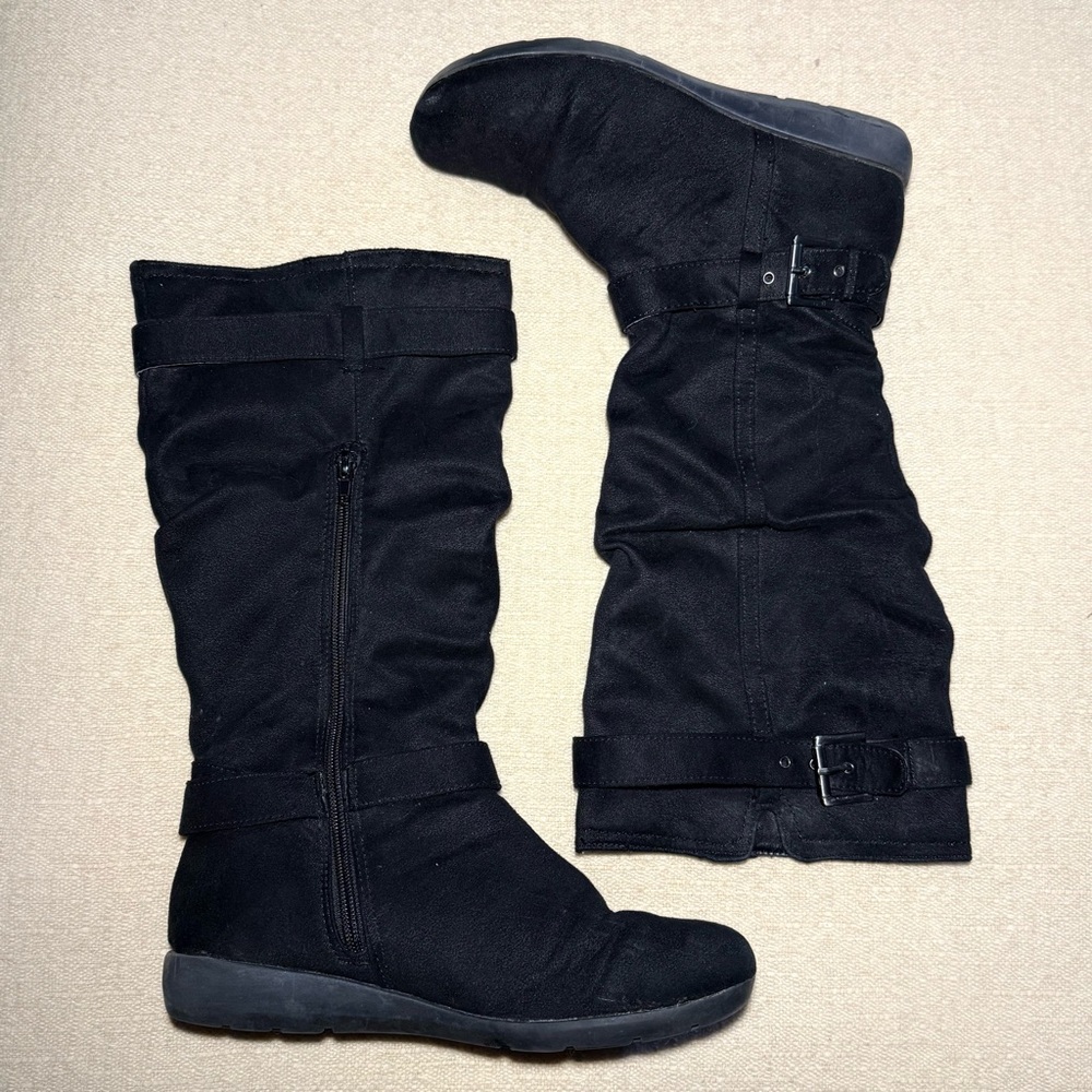 Hot Kiss Avery Black Tall Women's Slouch Buckle Boots 8 Faux Suede Fall
